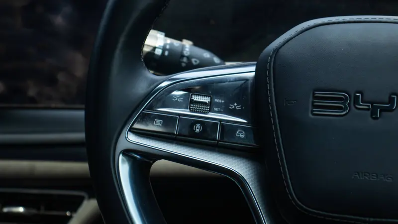 Genuine leather-wrapped steering wheel with audio, phone, ACC and multi-function display controls