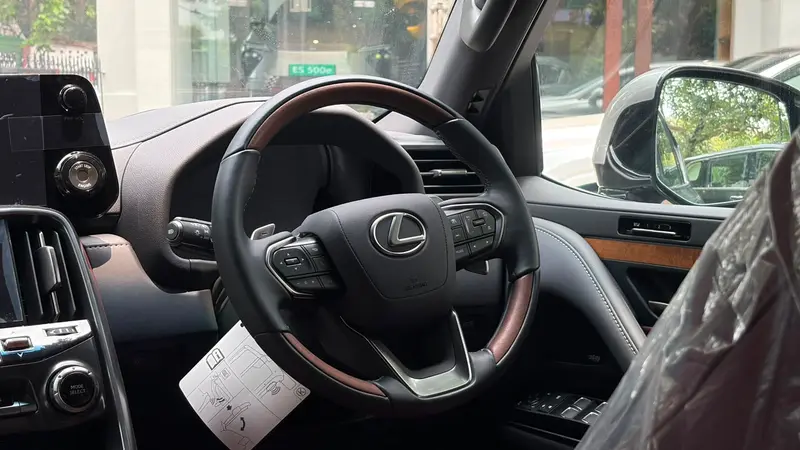 leather-and-wood steering wheel with mounted controls
