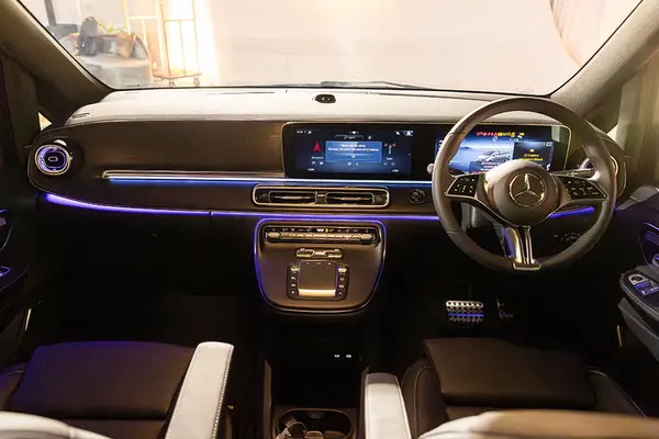 Its dashboard features dual 12.3-inch infotainment screens.