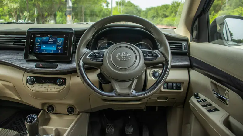 driver cockpit with touchscreen and steering wheel