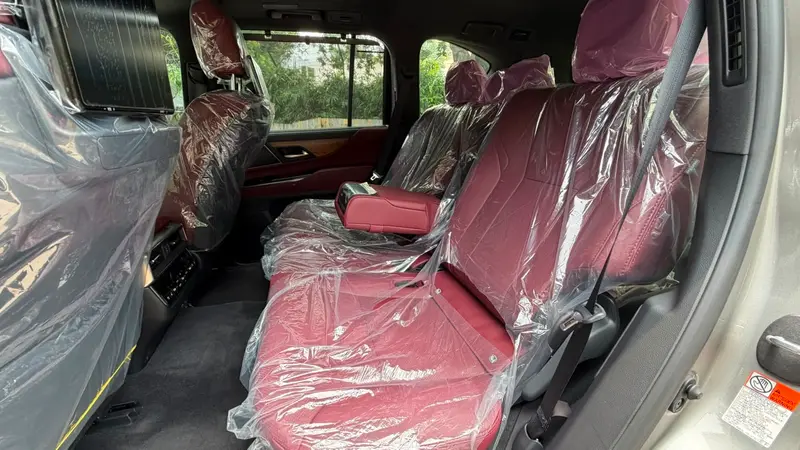 second-row seats with red leather upholstery