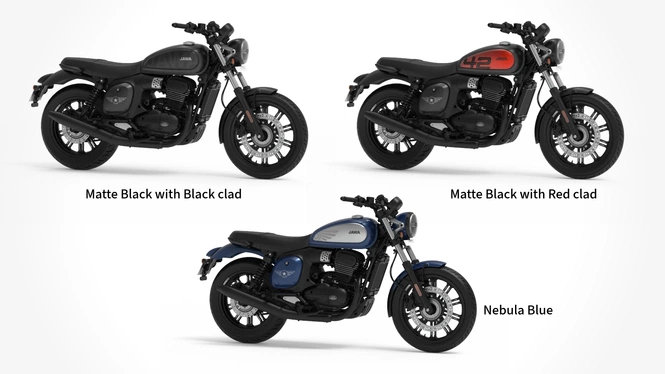 All Stars Jawa 42 FJ in Matte Black with Black clad, Matte Black with Red clad, and Nebula Blue