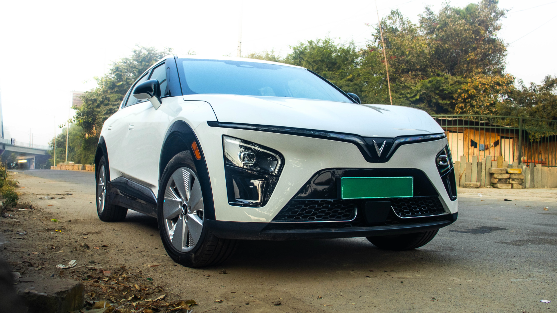 VinFast VF7 in white; front profile