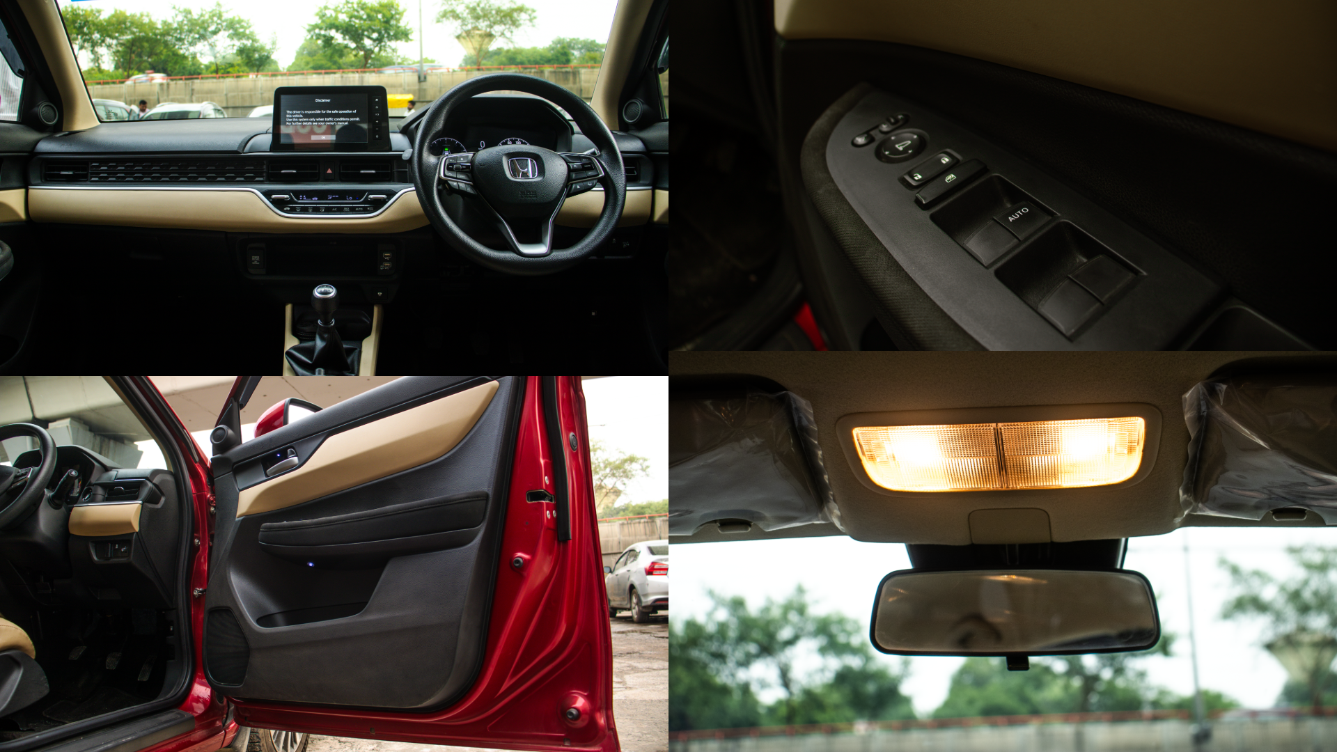 Honda Amaze's interior cabin showing a front view of the dual-tone dashboard with a manual gear stick and infotainment screen, a close-up of the driver's side window and mirror control panel, a view of the open driver's door showing the interior trim, and the illuminated overhead cabin lights located above the rearview mirror