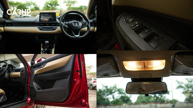 Honda Amaze's interior cabin showing a front view of the dual-tone dashboard with a manual gear stick and infotainment screen, a close-up of the driver's side window and mirror control panel, a view of the open driver's door showing the interior trim, and the illuminated overhead cabin lights located above the rearview mirror
