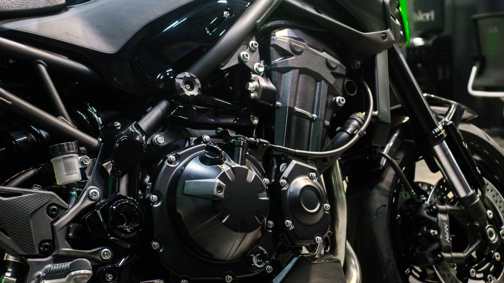 2026 Kawasaki Z900 In Candy Lime Green Engine View