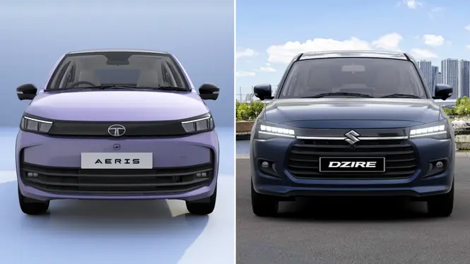 Tata Aeris and Maruti Suzuki Dzire Side by Side Exterior Front View