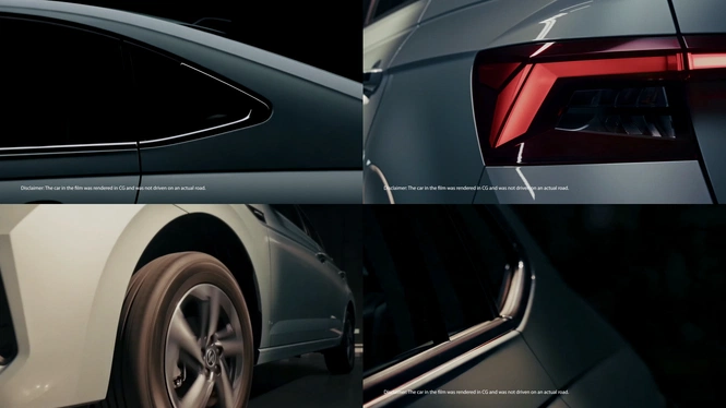 2026 Skoda Slavia facelift exterior details teased, including the side profile, rear LED tail lamp, alloy wheel design, and window trim