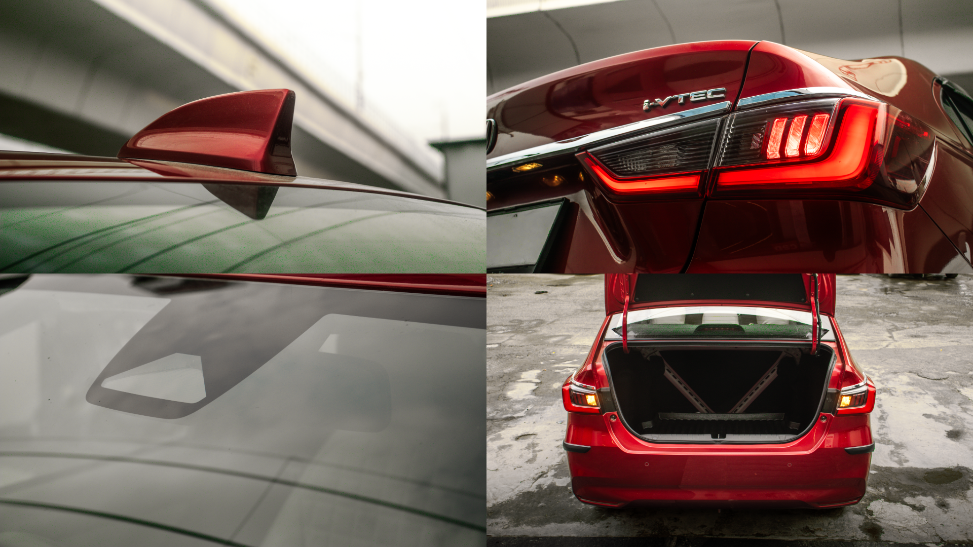 Honda Amaze's exterior showing a roof-mounted shark fin antenna, a rear taillight with an i-VTEC badge, a windshield-mounted safety sensor, and the open trunk revealing cargo space