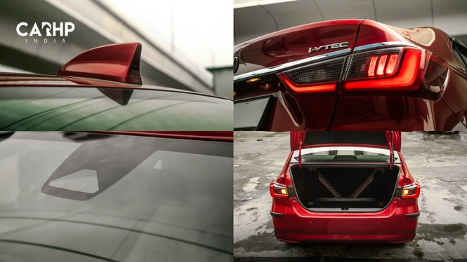 Honda Amaze's exterior showing a roof-mounted shark fin antenna, a rear taillight with an i-VTEC badge, a windshield-mounted safety sensor, and the open trunk revealing cargo space