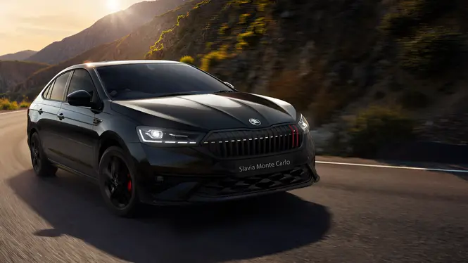 Skoda Slavia Monte Carlo facelift in black on road front view