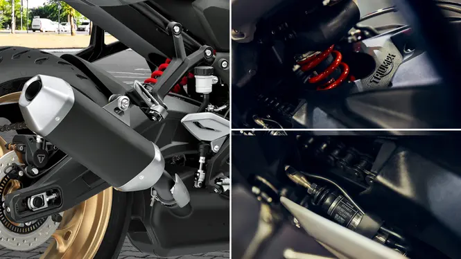 Triumph Trident 800 Exhaust and Rear Suspension, and Street Triple R Rear Suspension and Shock Absorber Views