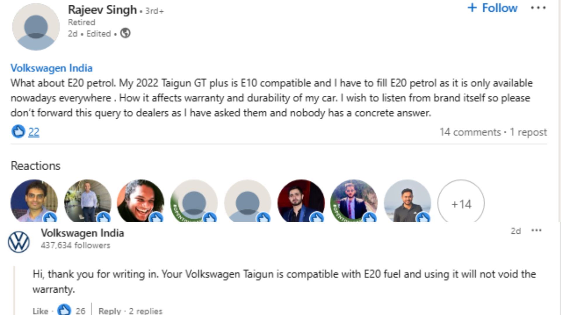VWs official reply on LinkedIn confirming E20 compatibility