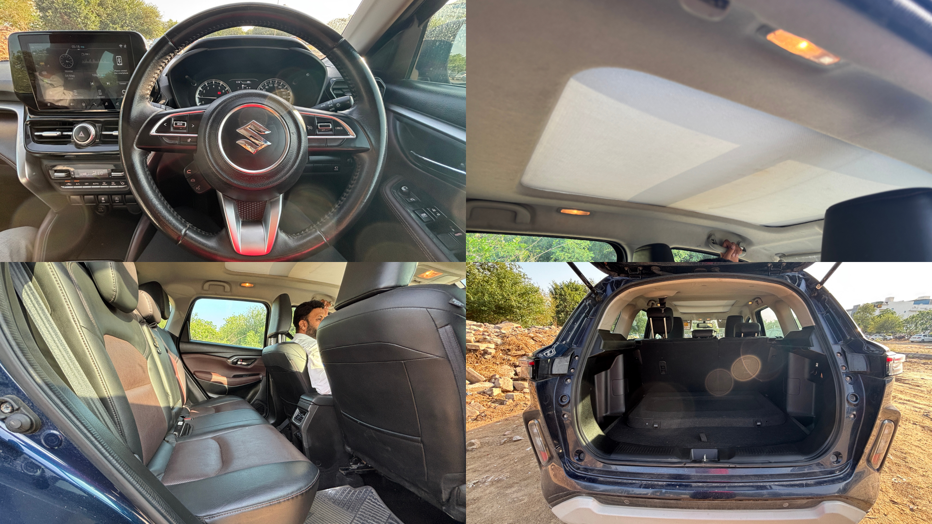 Maruti Suzuki Grand Vitara Interior Cabin: Dashboard; Steering Wheel; Infotainment Display; Sunroof; Rear Seating Area; Rear Boot/Cargo Space