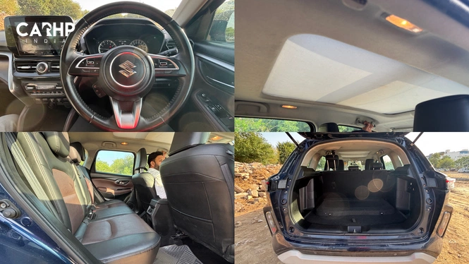 Maruti Suzuki Grand Vitara Interior Cabin: Dashboard; Steering Wheel; Infotainment Display; Sunroof; Rear Seating Area; Rear Boot/Cargo Space