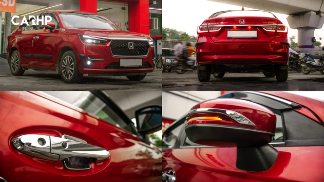 Honda Amaze exterior featuring a full front-quarter view parked at a dealership, a full rear view on a road, a close-up of a chrome door handle, and a side view mirror with an integrated turn signal