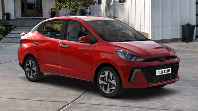 Hyundai Aura SX(O) Fiery Red Front Side View