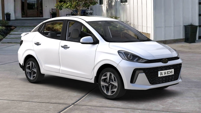 Hyundai Aura SX(O) Atlas White Front Side View