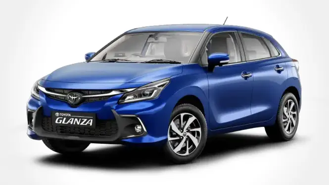 Toyota Glanza in Insta Blue front left three quarter view