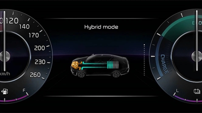 Kia Hybrid Instrument Cluster showing Hybrid Mode