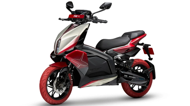 TVS X Electric Scooter in Red-Silver, side view