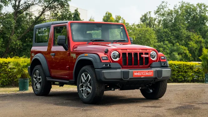 Mahindra Thar OG In Tango Red Colour Front Right Three Quarter View