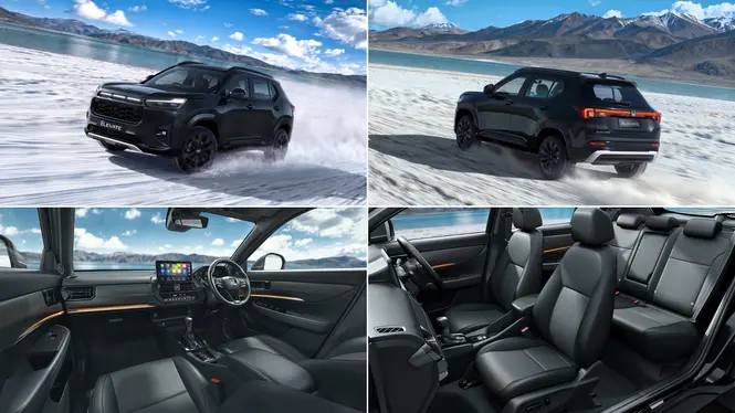 2026 Honda Elevate Facelift ZX+ Black Exterior Front Left And Rear Left Three Quarter Views, Interior Front Cabin And Seating Views
