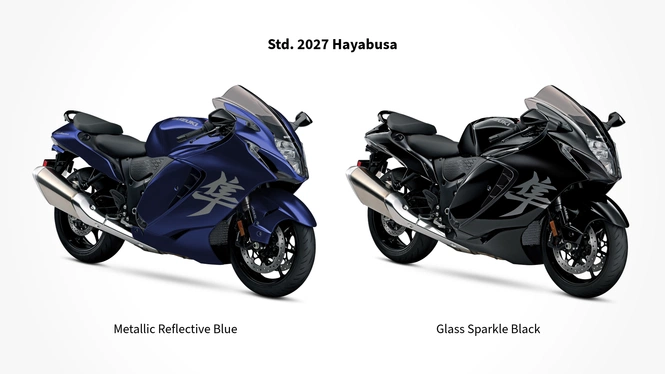Standard 2027 Suzuki Hayabusa in two colour schemes: Metallic Reflective Blue & Glass Sparkle Black shown side-by-side
