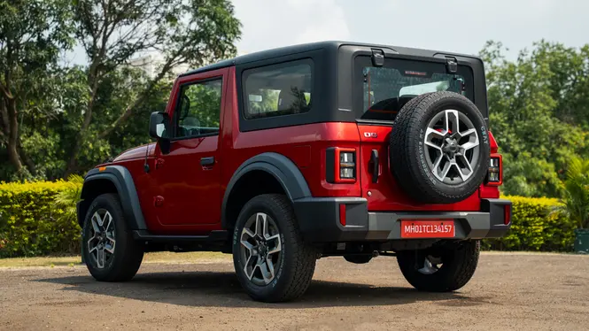 Mahindra Thar OG in Tango Red paint Rear Left Three Quarter View