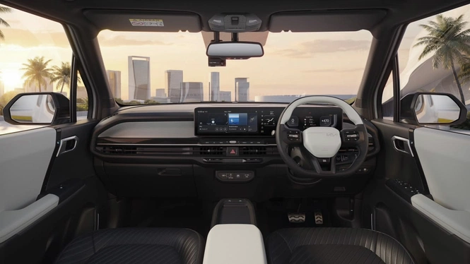 Kia Syros EV Interior Cabin View, showcasing Steering Wheel, Infotainment Display and Front Dashboard