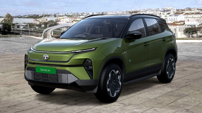 Tata Harrier EV Fearless + 65/75 Seaweed Green With Dual Tone Front Side View