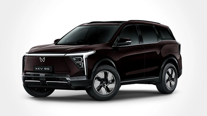 Mahindra XEV 9S Pack Three Above Ruby Velvet Front Side View
