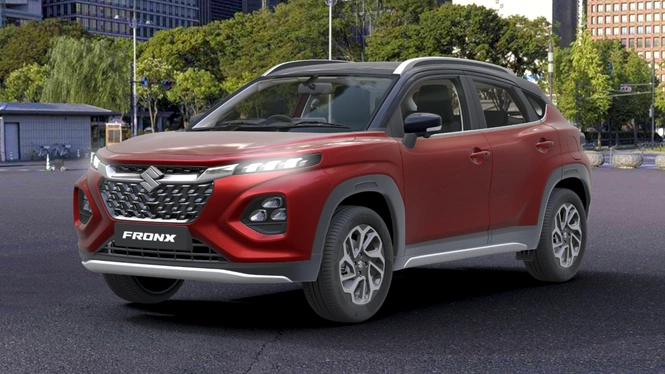 Maruti Suzuki Fronx Alpha Opulent Red + Black Front Side View