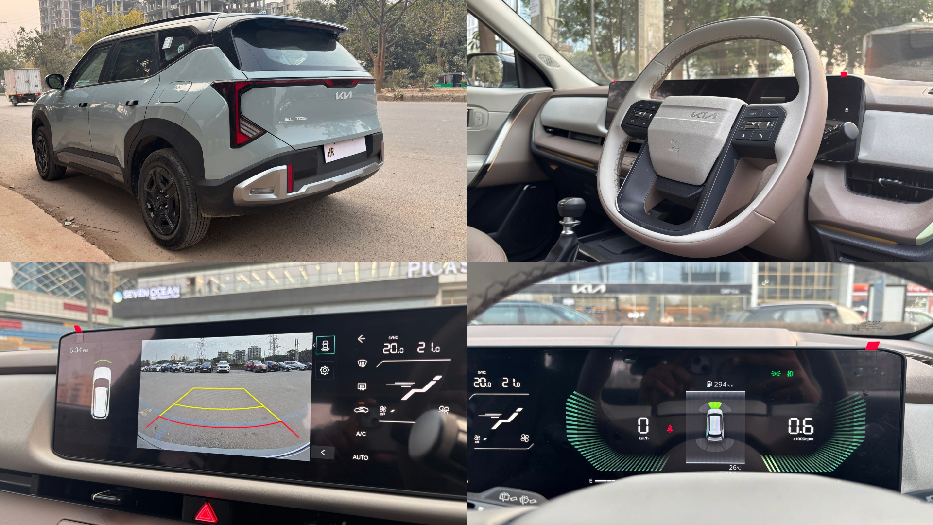 Kia Seltos Morning Haze Rear Side View; Cabin Steering Wheel View; Infotainment Reverse Camera Display View; Driver MID View