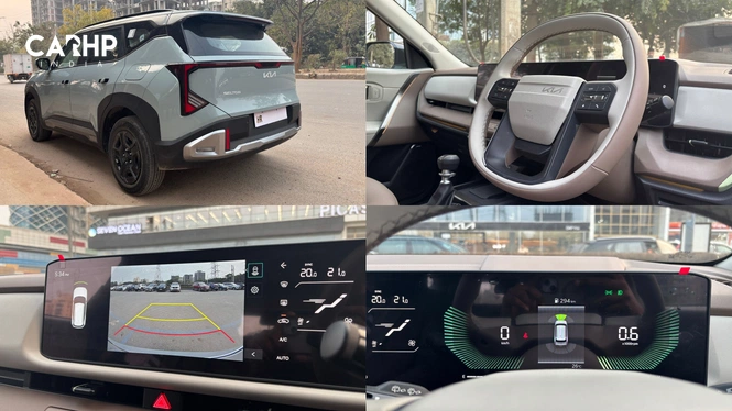 Kia Seltos Morning Haze Rear Side View; Cabin Steering Wheel View; Infotainment Reverse Camera Display View; Driver MID View