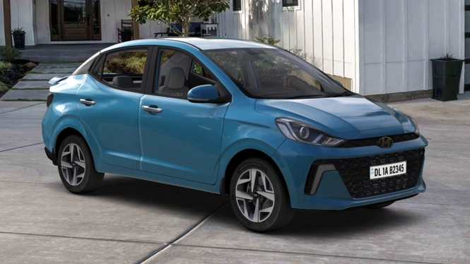 Hyundai Aura SX(O) Teal Blue Front Side View