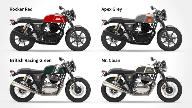 Continental GT 650 colour options, in Rocker Red, Apex Grey, British Racing Green, and Mr. Clean