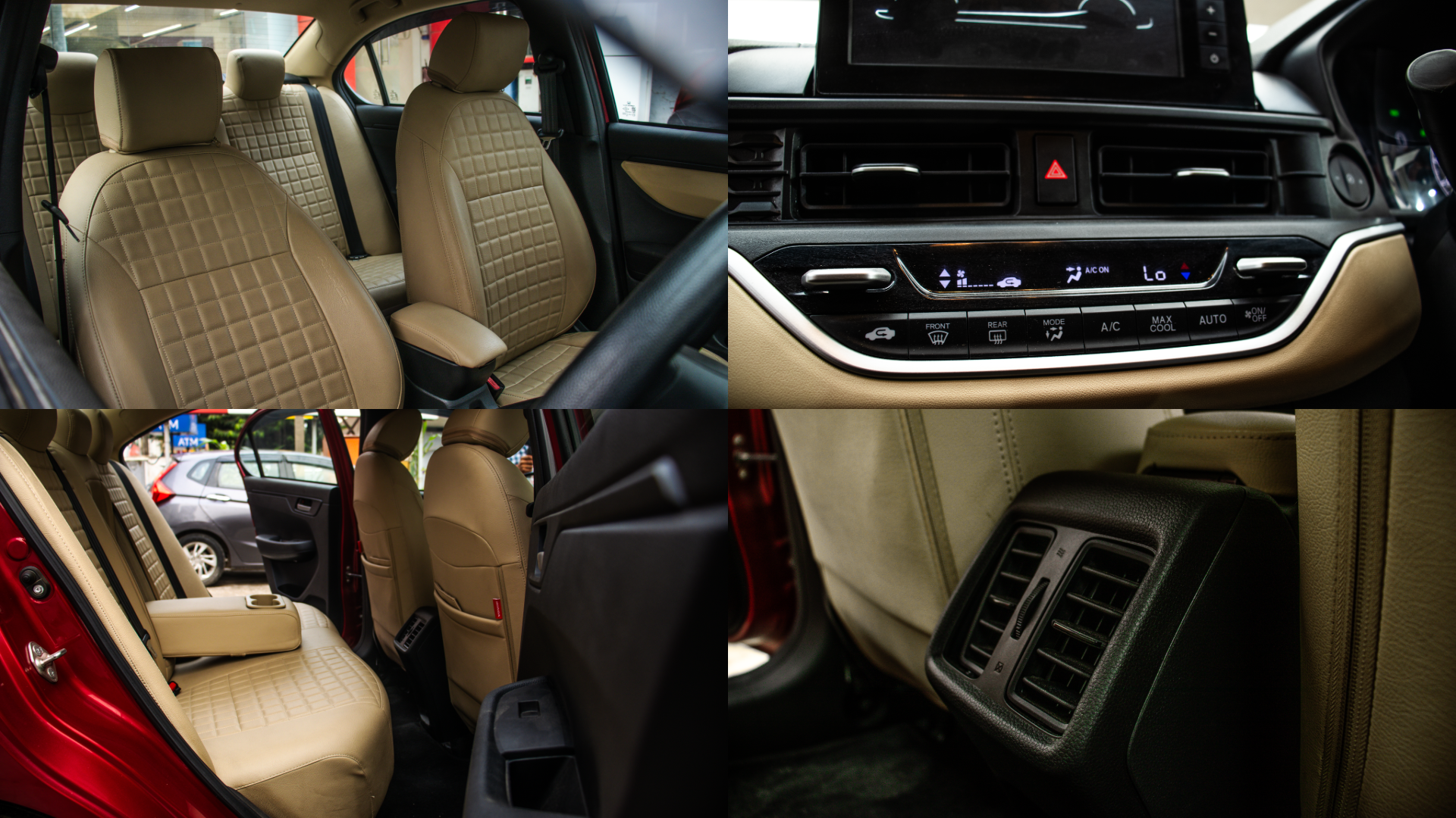 Honda Amaze's interior cabin features, including beige seats with a quilted pattern, a digital automatic climate control panel, a view into the rear passenger area, and dedicated rear air conditioning vents