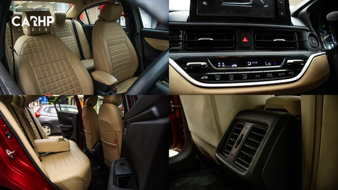 Honda Amaze's interior cabin features, including beige seats with a quilted pattern, a digital automatic climate control panel, a view into the rear passenger area, and dedicated rear air conditioning vents