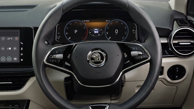 Skoda Slavia facelift dual spoke steering wheel, with driver's virtual cockpit