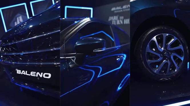 2026 facelifted Baleno front grille, LED indicators on the ORVMs, and wheel