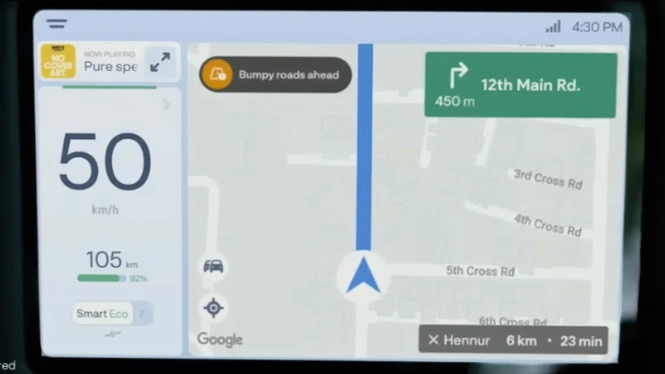 Ather Energy Fully Digital Display showing Bumpy roads information ahead of the rider
