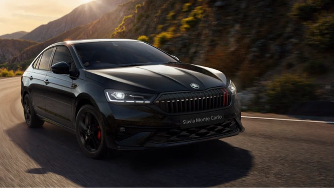 Skoda Slavia Monte Carlo facelift in black on road front view