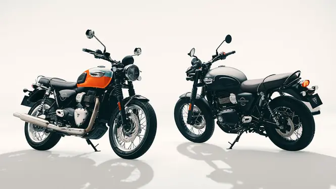 Triumph Bonneville T40 Front Right Three Quarter View and T40 Black Rear Left Three Quarter View