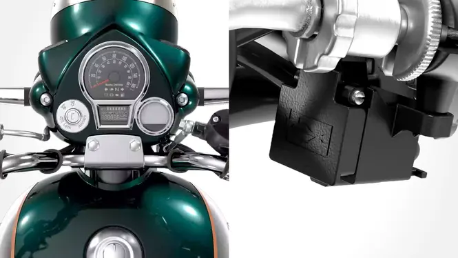 Royal Enfield Classic 350 Signature White Instrument Cluster and USB-C Charging Port