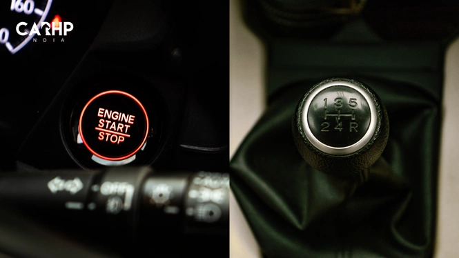 Honda Amaze's illuminated engine start button and 5-speed manual gear knob