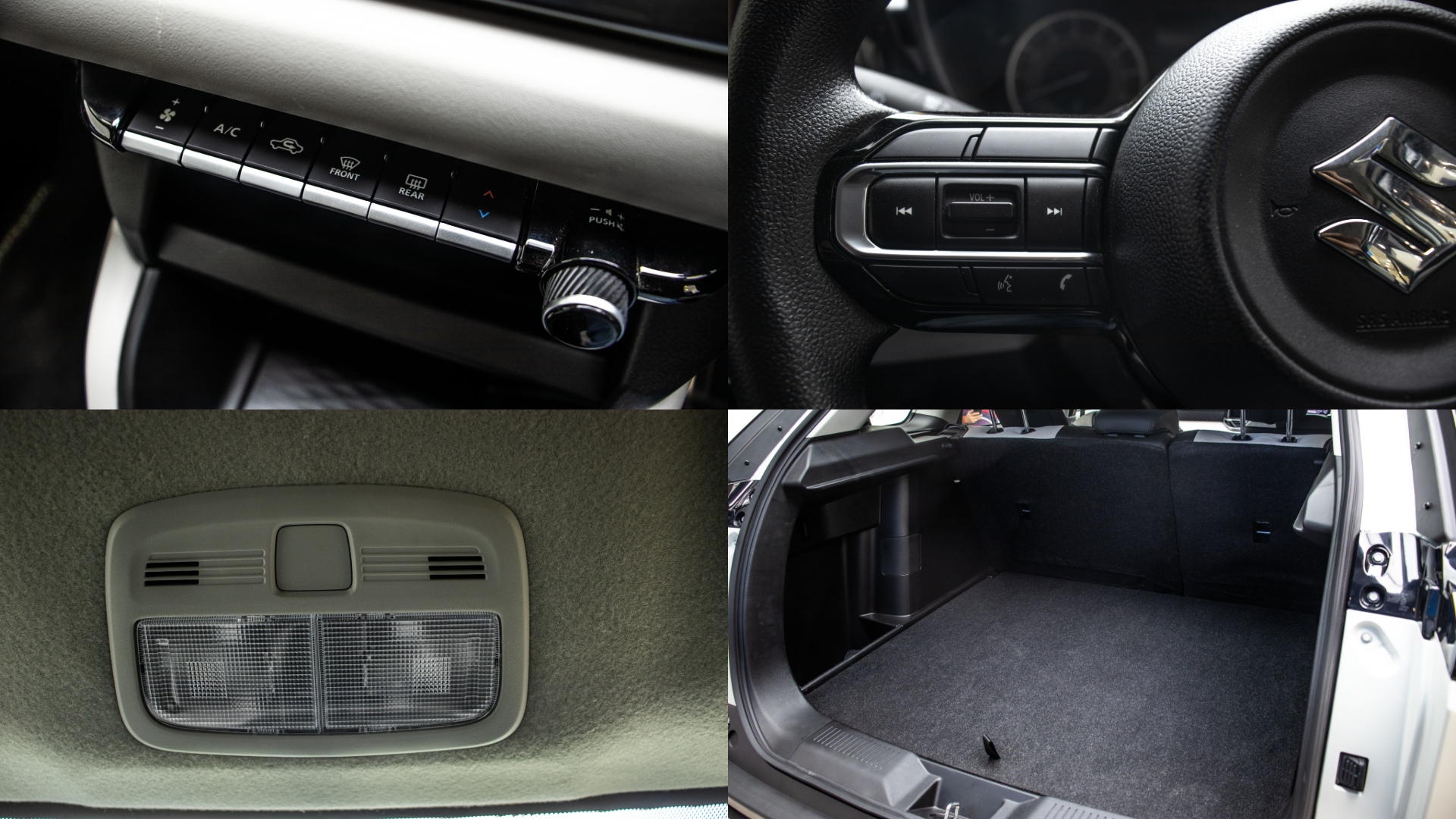 Maruti Suzuki Victoris Interior Cabin: Climate Controls; Steering Wheel Volume Controls; Ceiling Cabin Light Switches; Rear Boot/Cargo Space