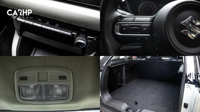 Maruti Suzuki Victoris Interior Cabin: Climate Controls; Steering Wheel Volume Controls; Ceiling Cabin Light Switches; Rear Boot/Cargo Space