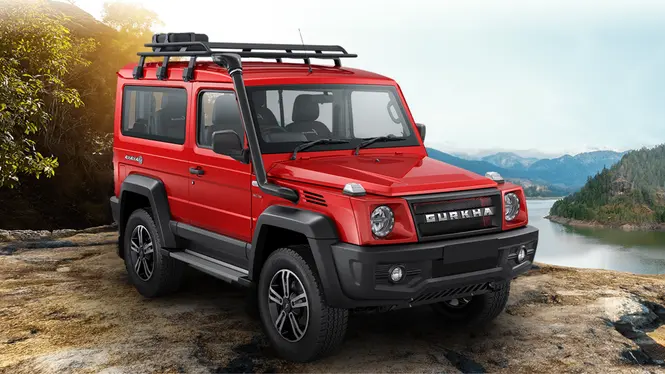 Force Motors Gurkha In Red Colour Front Right Three Quarter View