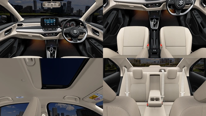 Maruti Suzuki Dzire ZXi+ Alluring Blue Interior Cabin dashboard featuring a black steering wheel with the Suzuki logo, a dual-tone dashboard, a central touchscreen infotainment system, and an automatic gear selector; front seats, sunroof and rear seats